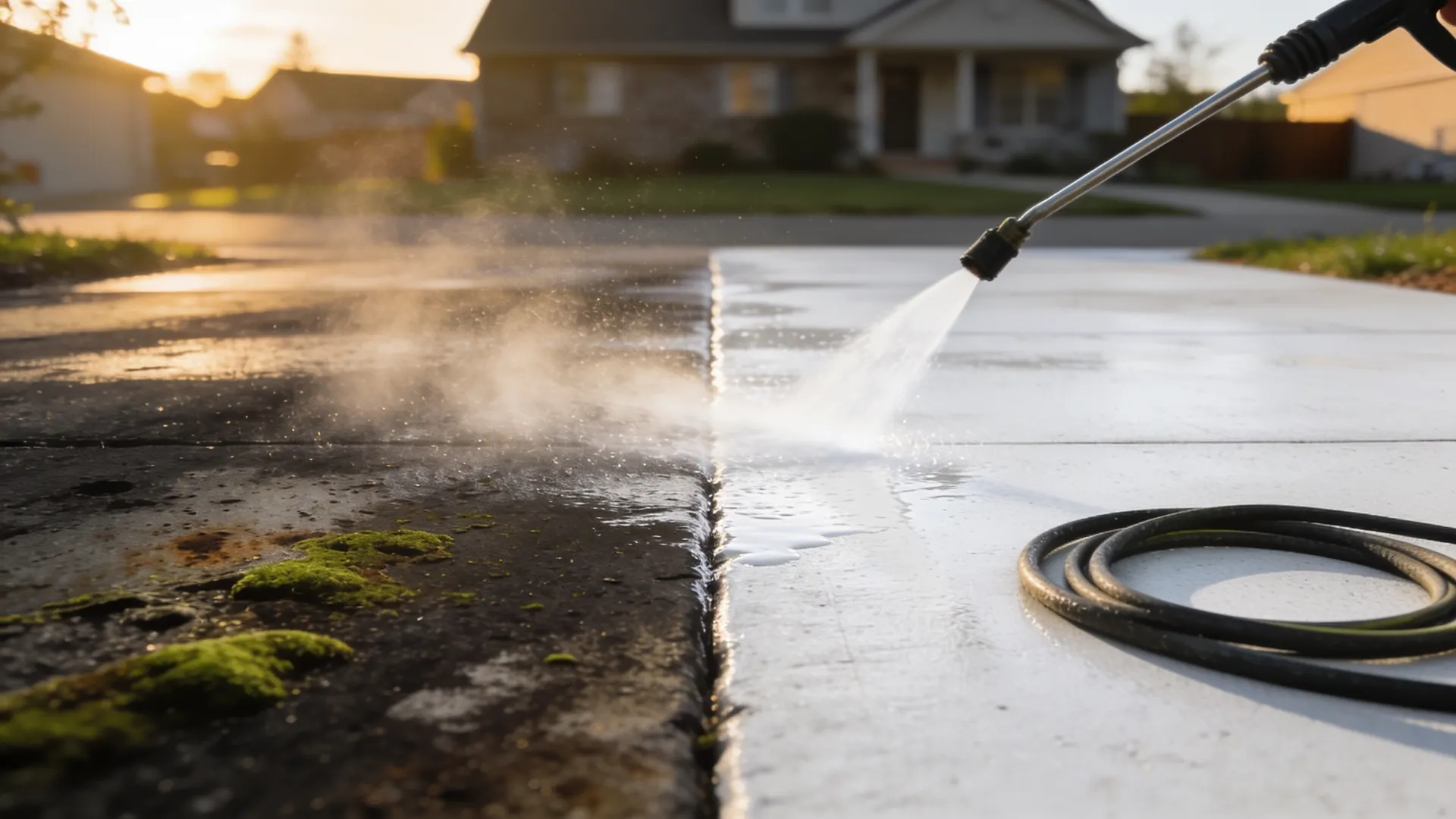 A pressure washer cutting a clean line across concrete, grime on one side and bright concrete on the other — company portfolio, Michigan